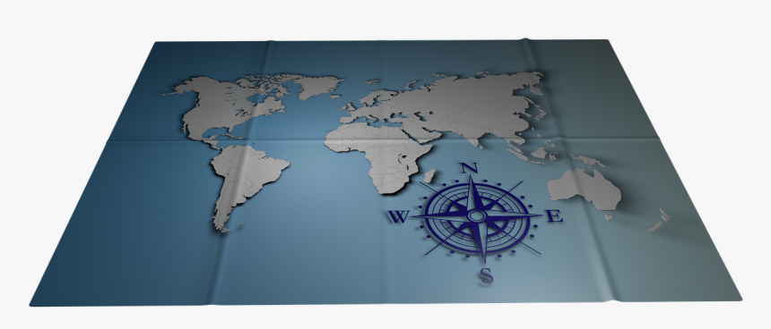 Map Of The World, Map Creased, Blue, Cardinal Points - Atlas, HD Png Download