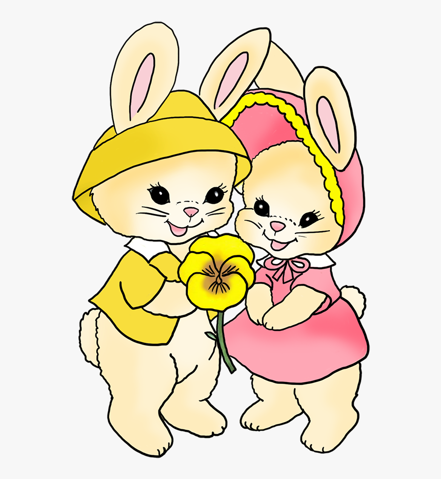 Two Easter Bunnies With Pansy Flower - Cartoon, HD Png Download