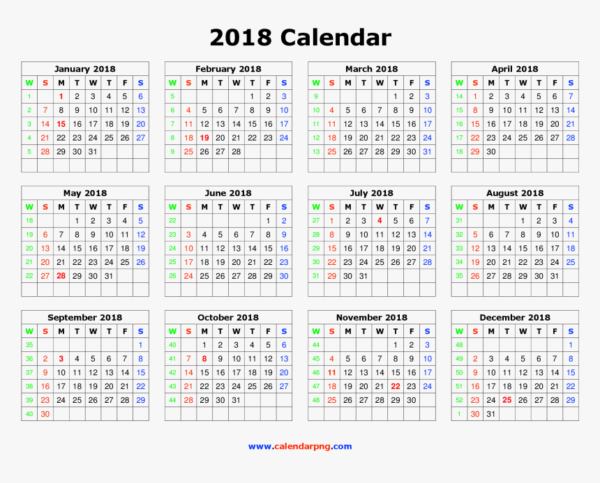 Download Calendar 2018 Png Free Download For Designing - Whole Year Calendar 2018, Transparent Png