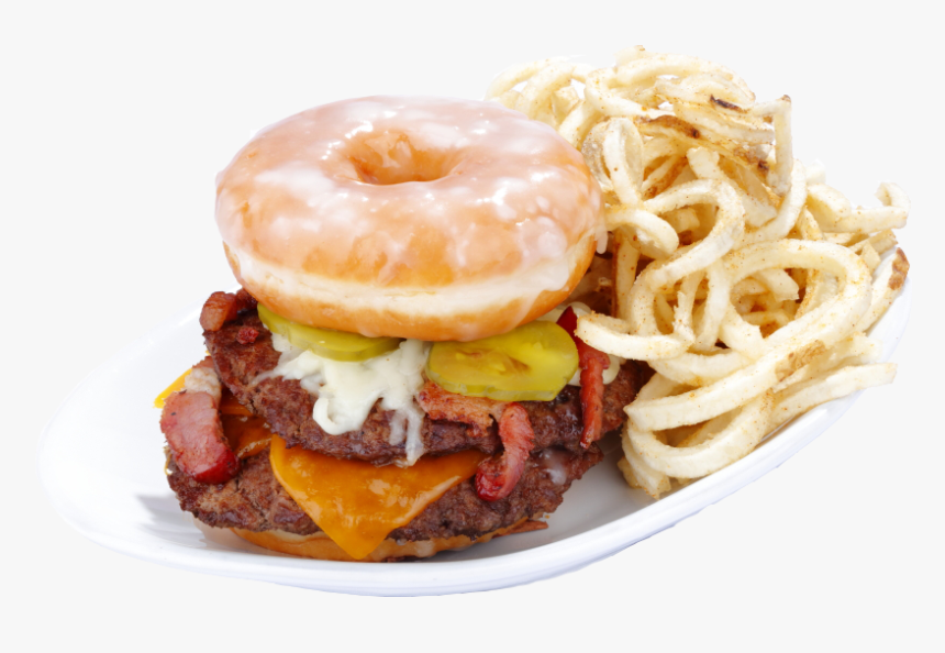 Burger With Cheese, Bacon, Pickles, Donut And Side - Sassy Bass Crazy Donuts, HD Png Download