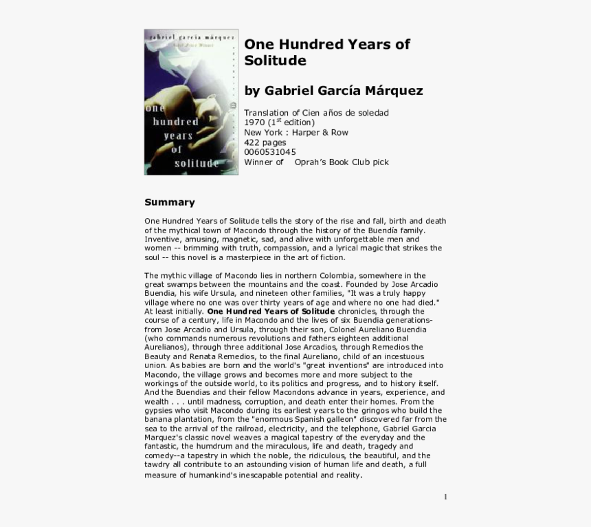 One Hundred Years Of Solitude, HD Png Download