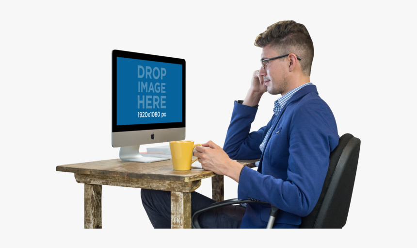 Png Imac Mockup Featuring A Working Man Wearing Glasses - Man Working On Computer Png, Transparent Png