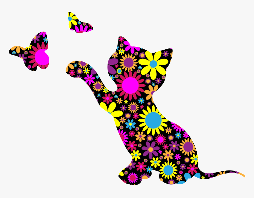 Floral Kitten Playing With Butterflies Silhouette Clip - Cat Playing With A Butterfly, HD Png Download
