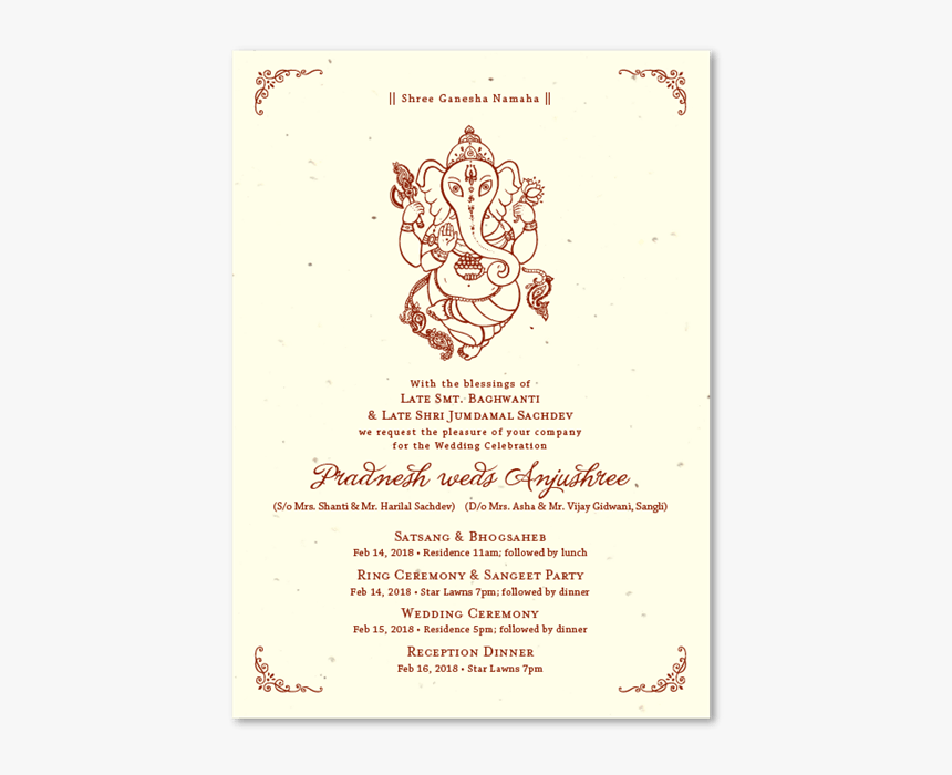 Indian Wedding Invitations On Seeded Paper With Ganesha - Wedding Followed By Lunch, HD Png Download