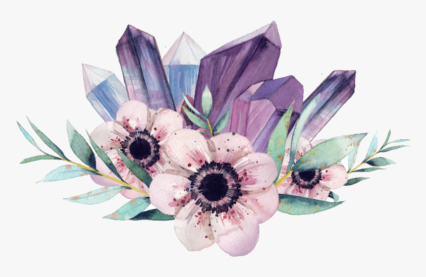 Diamond Gemstone Watercolor Crystal Flower Painting - Watercolor Flowers And Crystals, HD Png Download