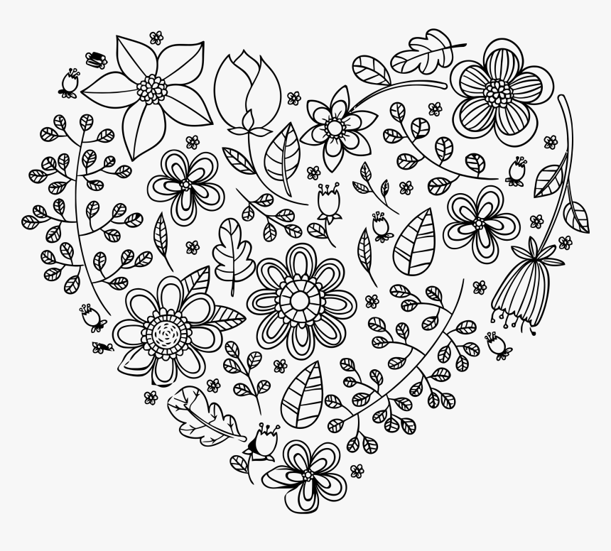 Black Floral Heart Clip Arts - Floral Heart Black And White, HD Png Download