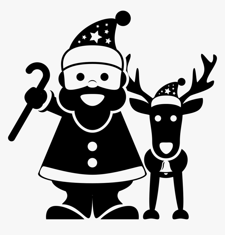 Santa Claus Standing With A Reindeer - Christmas Santa Png Black And White, Transparent Png