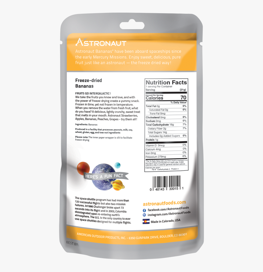 Astronaut Freeze Dried Fruit 200 Bananas Back - Freeze Dried Astronaut Food Nutrition Fact, HD Png Download