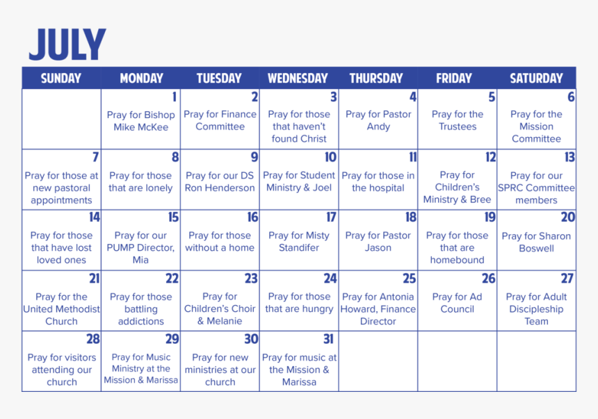 July 2019 - Church Prayer Calendar 2019, HD Png Download