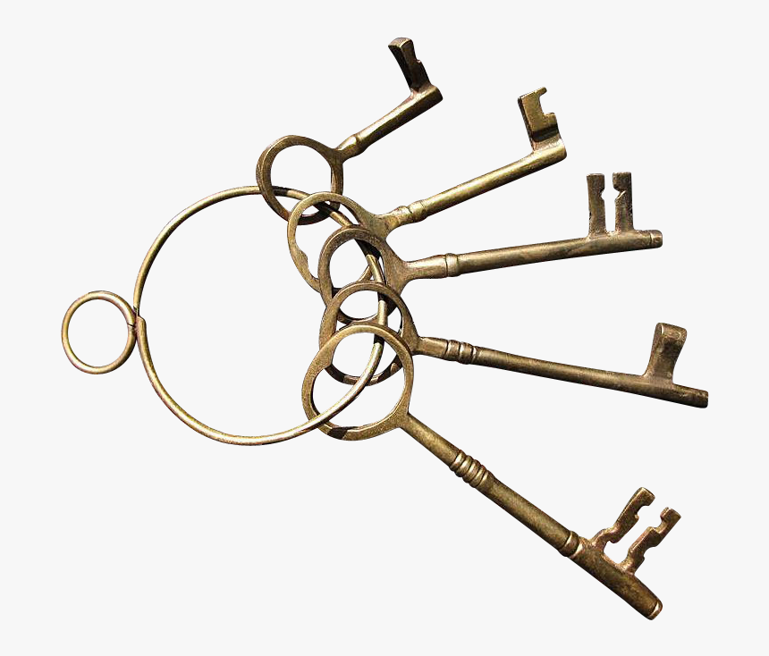 Set Of Five Brass Decorator Skeleton Keys On A Brass - Brass Keys On A Ring, HD Png Download