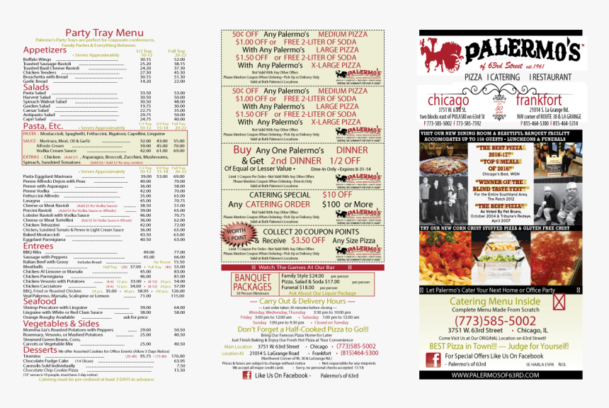 Palermos Of 63rd Chicago Pizza And Italian Restaurant - Palermos Pizza Menu, HD Png Download
