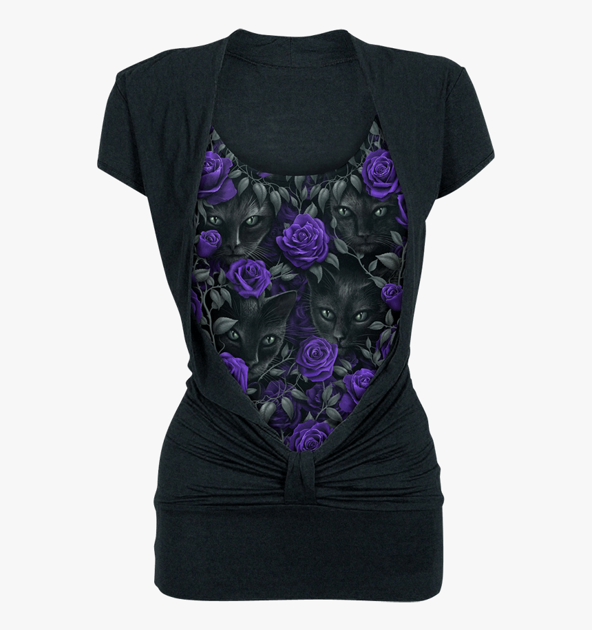 Black Cat And Purple Rose Knotted Top - Tielko Dámska, HD Png Download