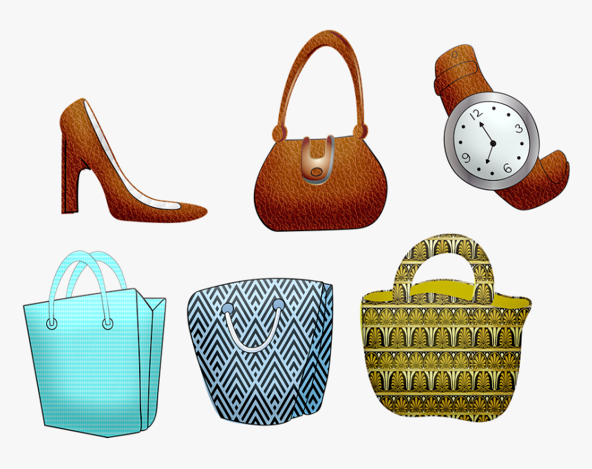 Shopping Bags, Purse, High Heeled Shoes, Watch, Leather - Shopping Bag, HD Png Download