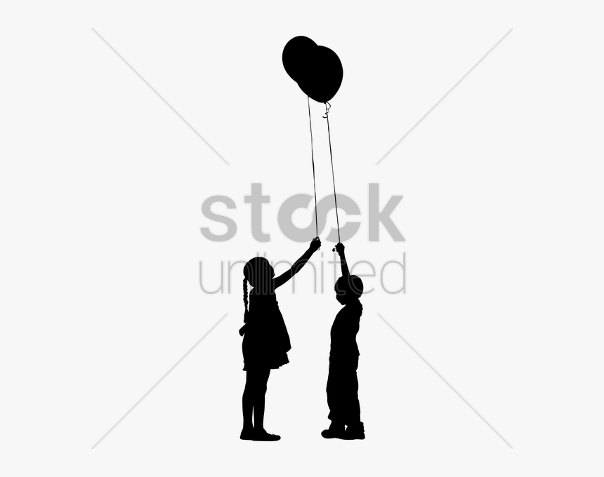 Silhouette Of Kids Playing With Balloon Vector Image - Girl With Balloons Black Png, Transparent Png