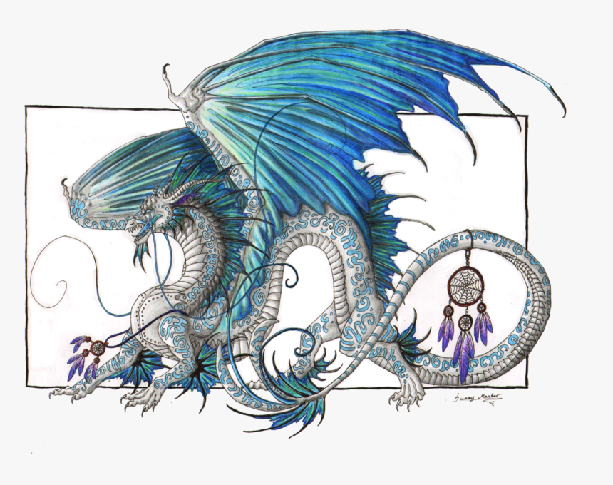 Green Drawing Dream Catcher - Dragon And Dream Catcher, HD Png Download