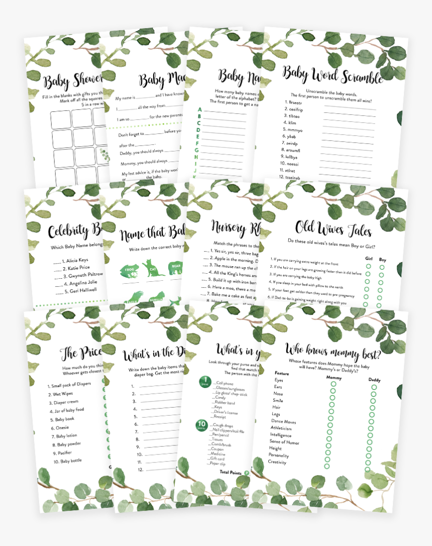 Greenery Foliage Baby Shower Game Pack - Greenery Baby Shower Games, HD Png Download
