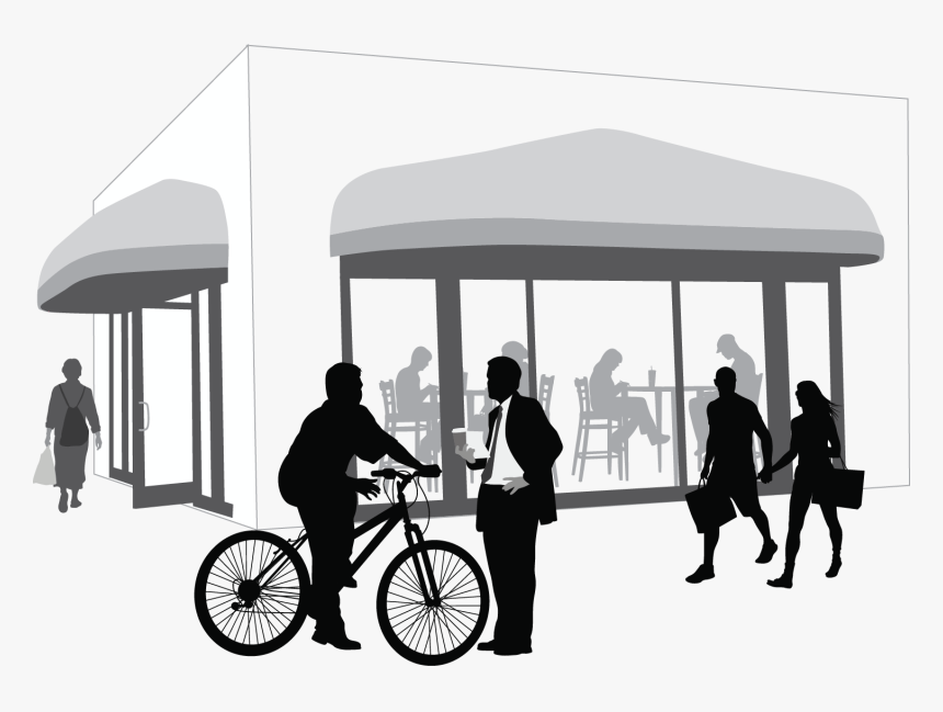 Graphic Of Large Awnings Over Business With People - Hybrid Bicycle, HD Png Download
