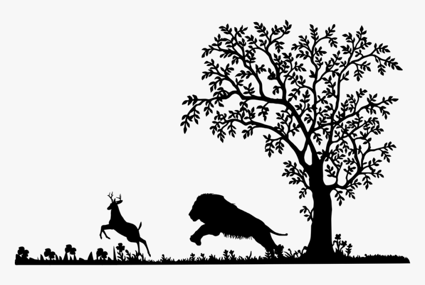 Lion, Attack, Deer, Silhouette, Mammal, Wildlife - Tree Clip Art Black And White Png, Transparent Png