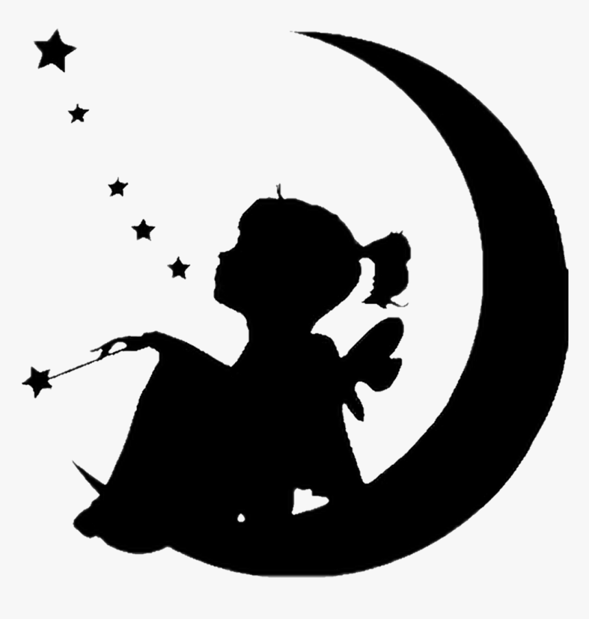 #silhouette #moon #littlegirl #blackandwhite #sticker - Fairy On The Moon Silhouette, HD Png Download
