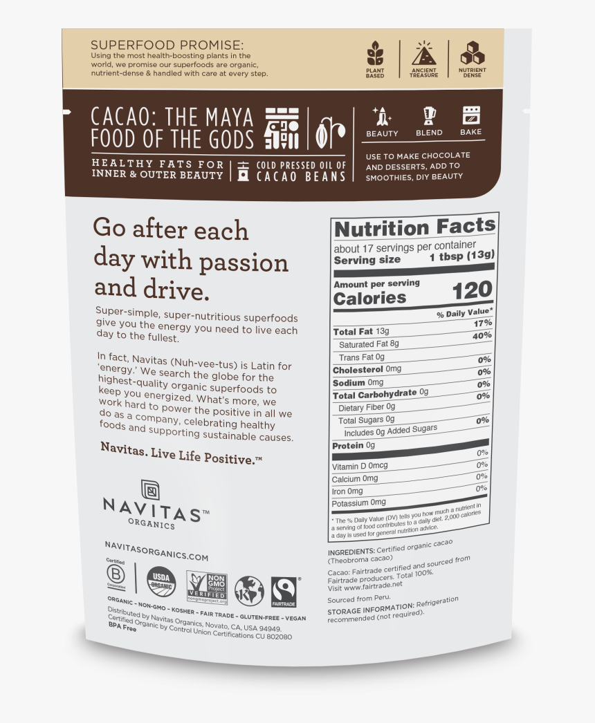Navitas Cacao Powder Nutrition, HD Png Download