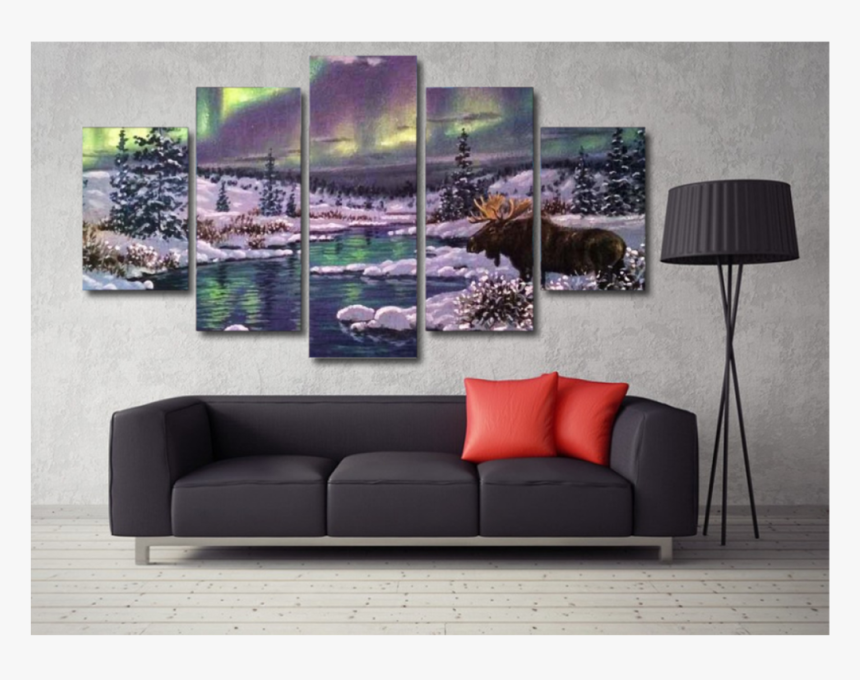 Moose Aurora Forest And Snow 5 Panel - Wall Art Floral Design For Living Room Glass Paintings, HD Png Download