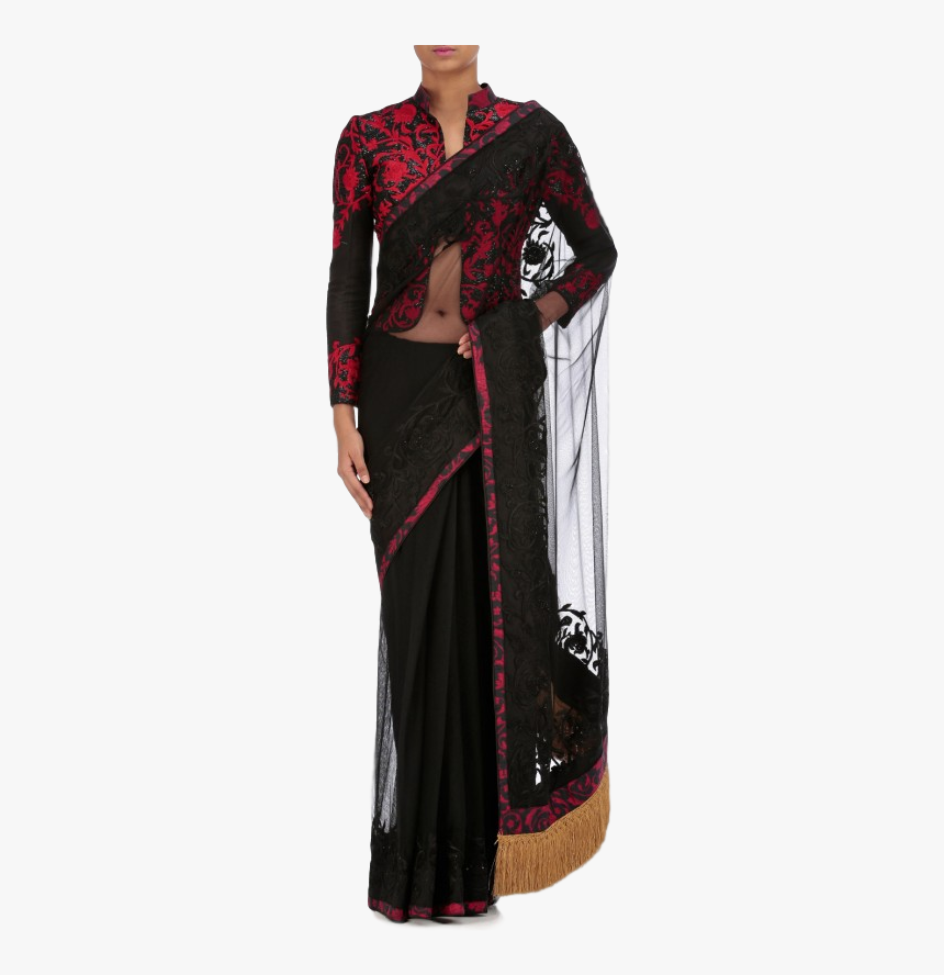 Black Color Saree With Thread Embroidery - Black Color Party Wear Sarees, HD Png Download
