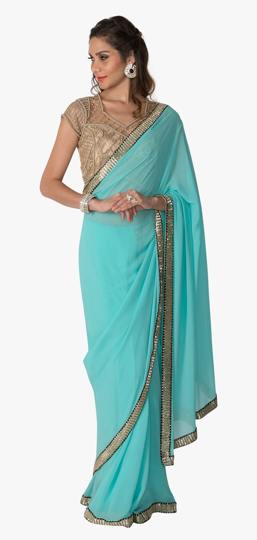 Silver Brocade Saree Blouse - Blue Saree With Gold Blouse, HD Png Download