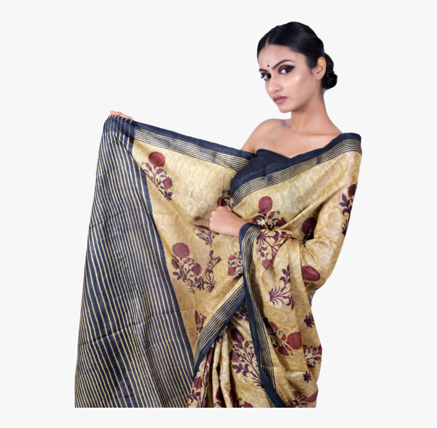 Beige/black Tussar Silk Saree - Silk, HD Png Download