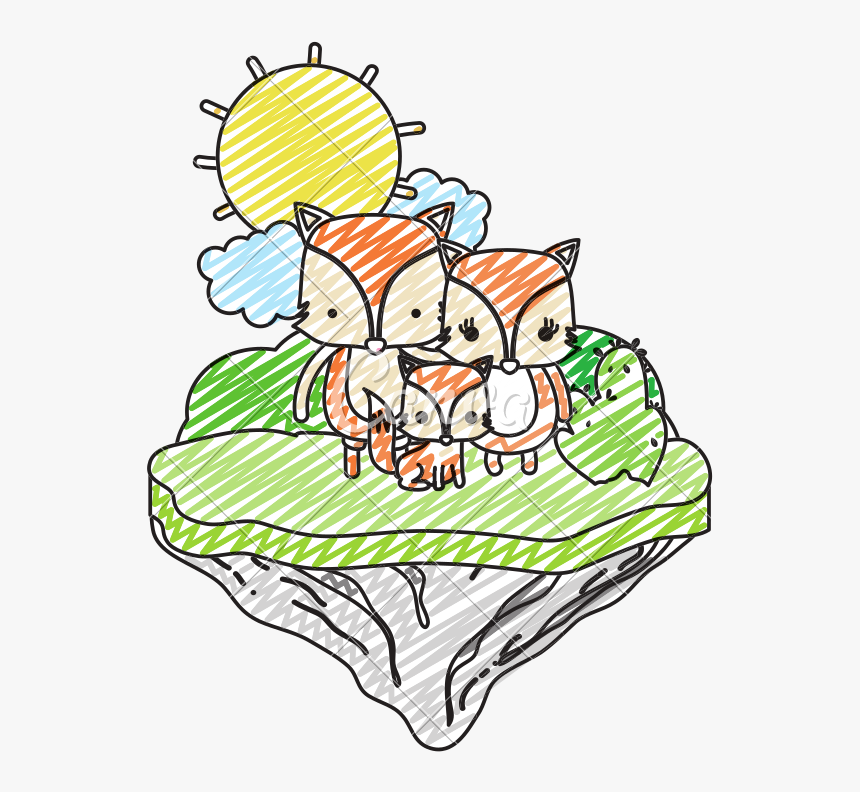 Doodle Family Fox Animal In The Float Island, HD Png Download