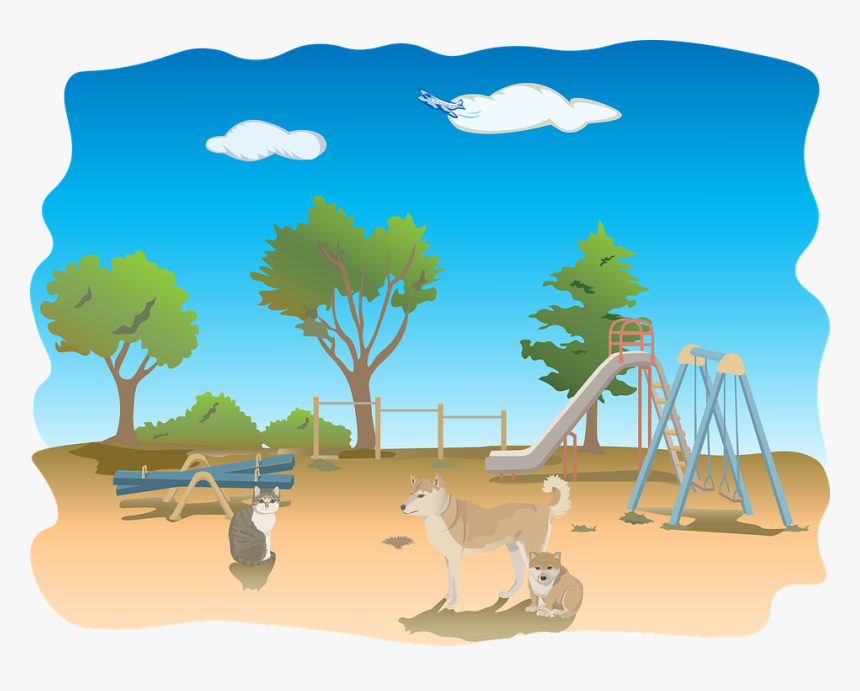 Playground, Animals, Dog, Cat, Tree, Sky, Sun, Nature - สนาม เด็ก เล่น การ์ตูน, HD Png Download