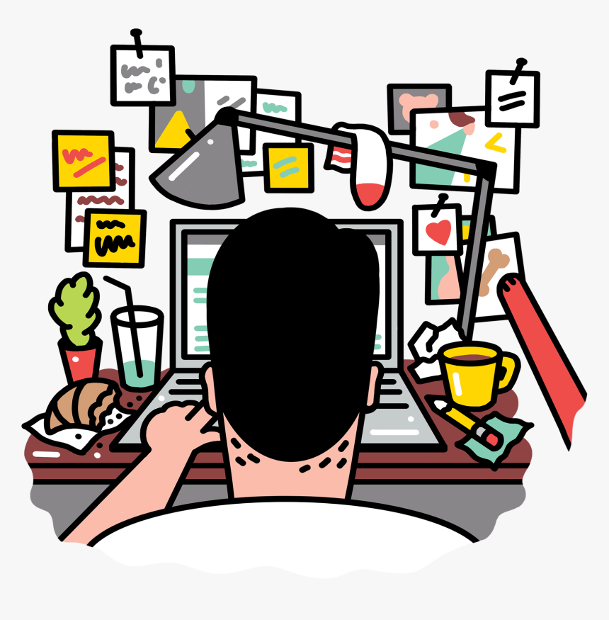 Busy Creative Working At A Desk - Illustration, HD Png Download