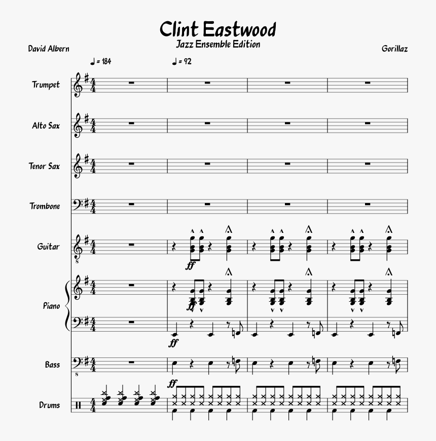 Clint Eastwood Sheet Music Composed By Gorillaz 1 Of - Gorillaz Clint Eastwood Drum Sheet Music, HD Png Download