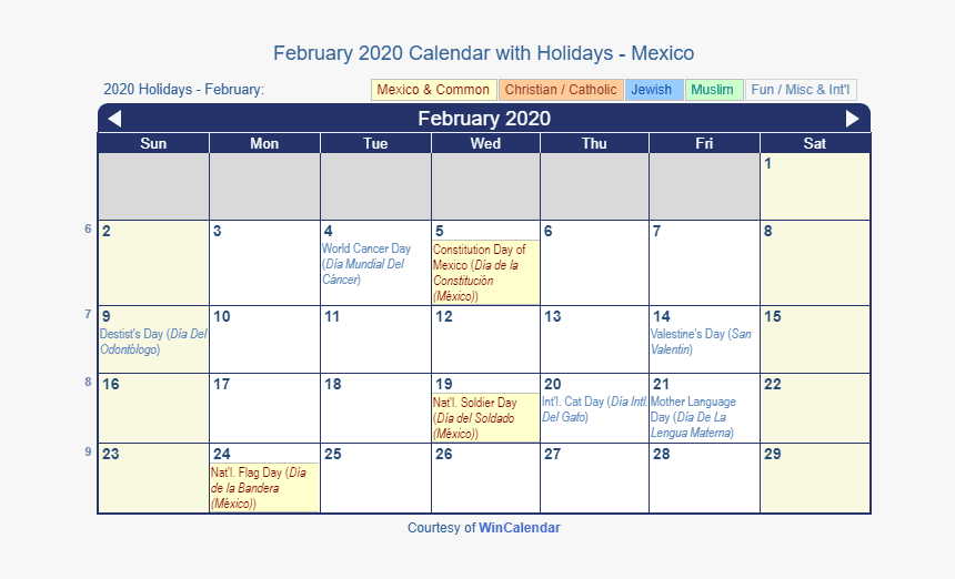 February 2020 Calendar With Mex Holidays - October 2019 Calendar Singapore, HD Png Download