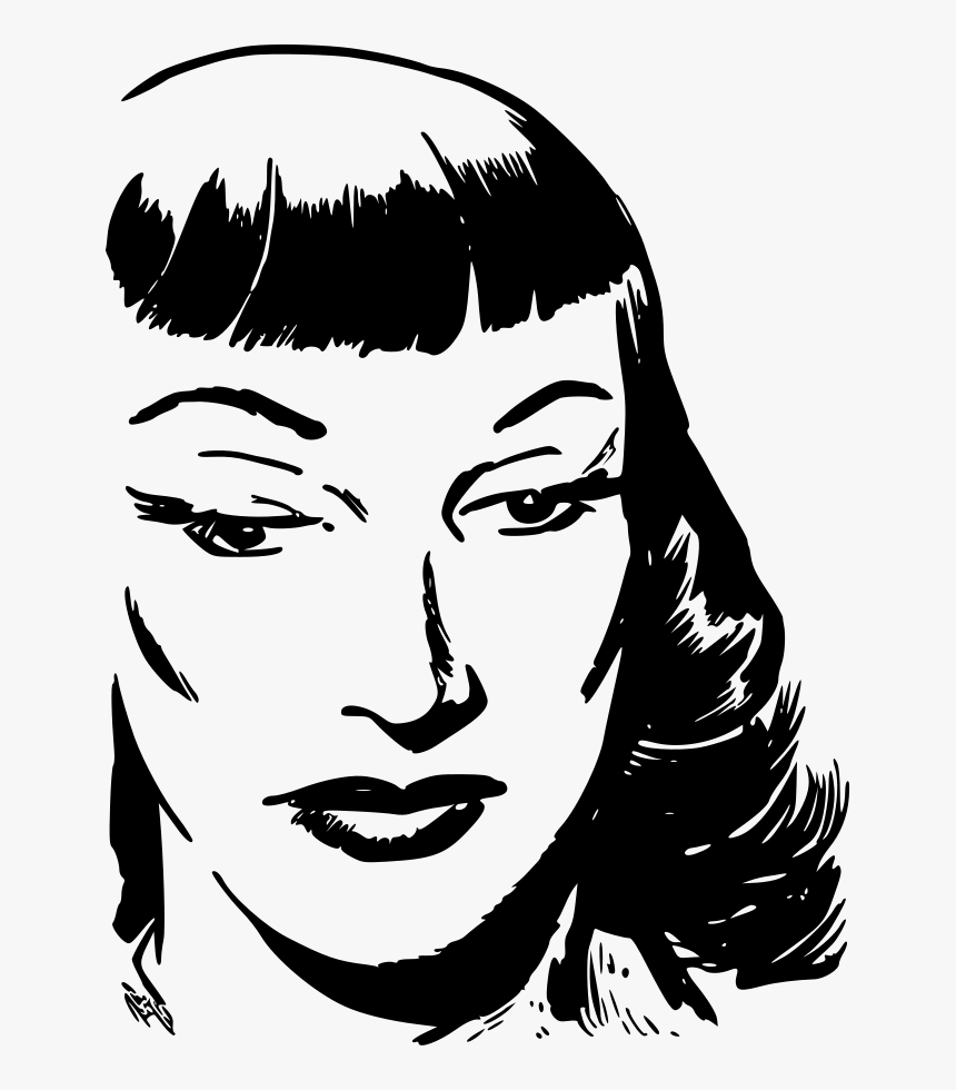 Dark Haired Woman With Bangs Svg Clip Arts - אישה מצוירת שחור לבן פנים, HD Png Download