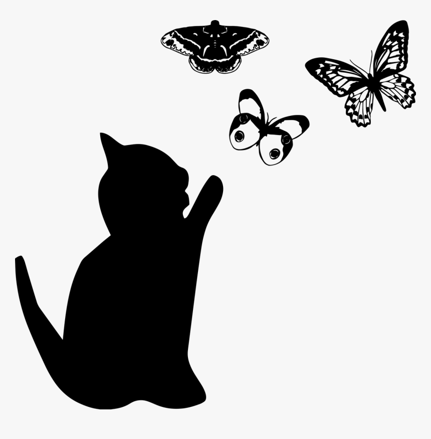 Cat And Butterflies, Cat Silhouette - Cats Silhouette Playing, HD Png Download