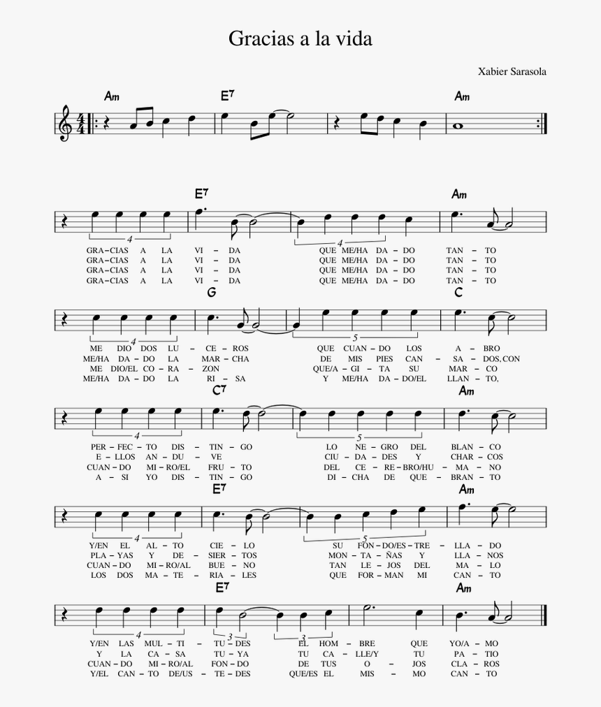 Partitura Voz Gracias A La Vida, HD Png Download