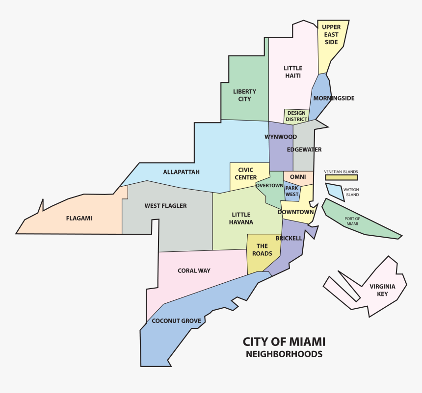 Miami Neighborhoods Map - Miami Map With Neighborhoods, HD Png Download