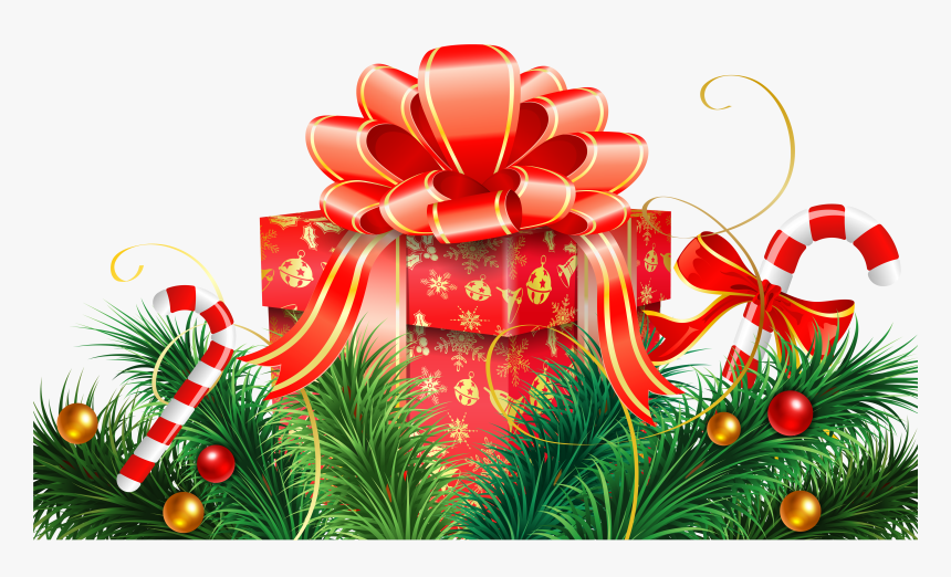 Christmas Decoration With Candy Canes And Red Gift - Gift Christmas Images Png, Transparent Png
