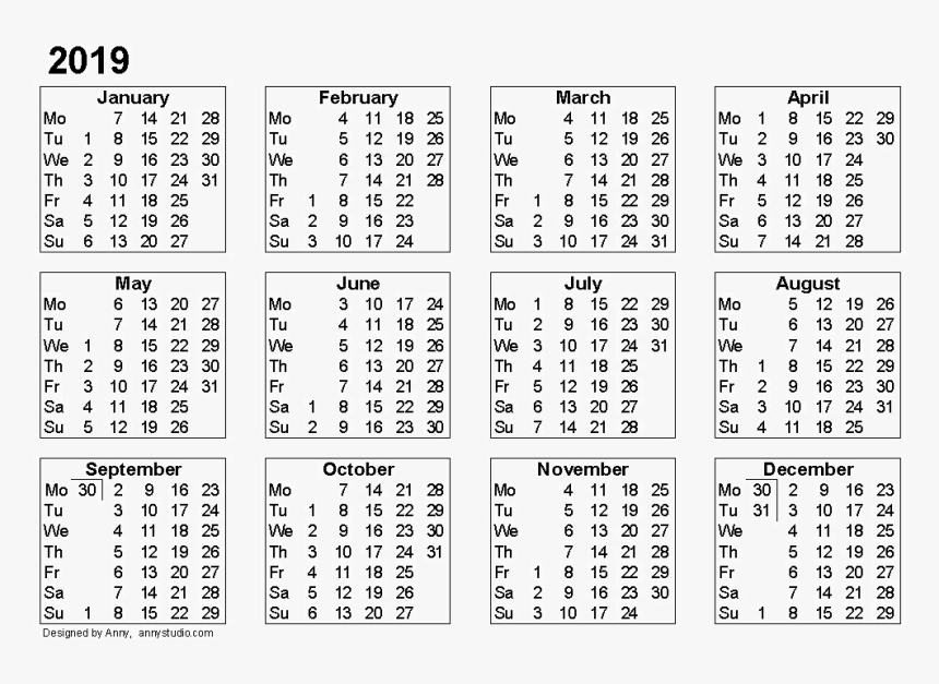 Calendar 2019 Png 2019 Calendar Printable Template Transparent