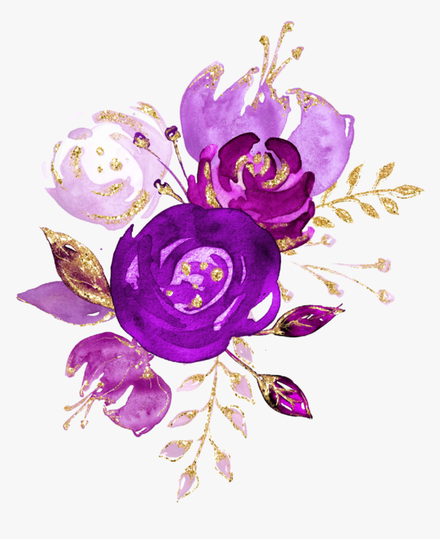 #watercolor #flowers #bouquet #bunch #purple #plum - Purple And Gold Flowers, HD Png Download