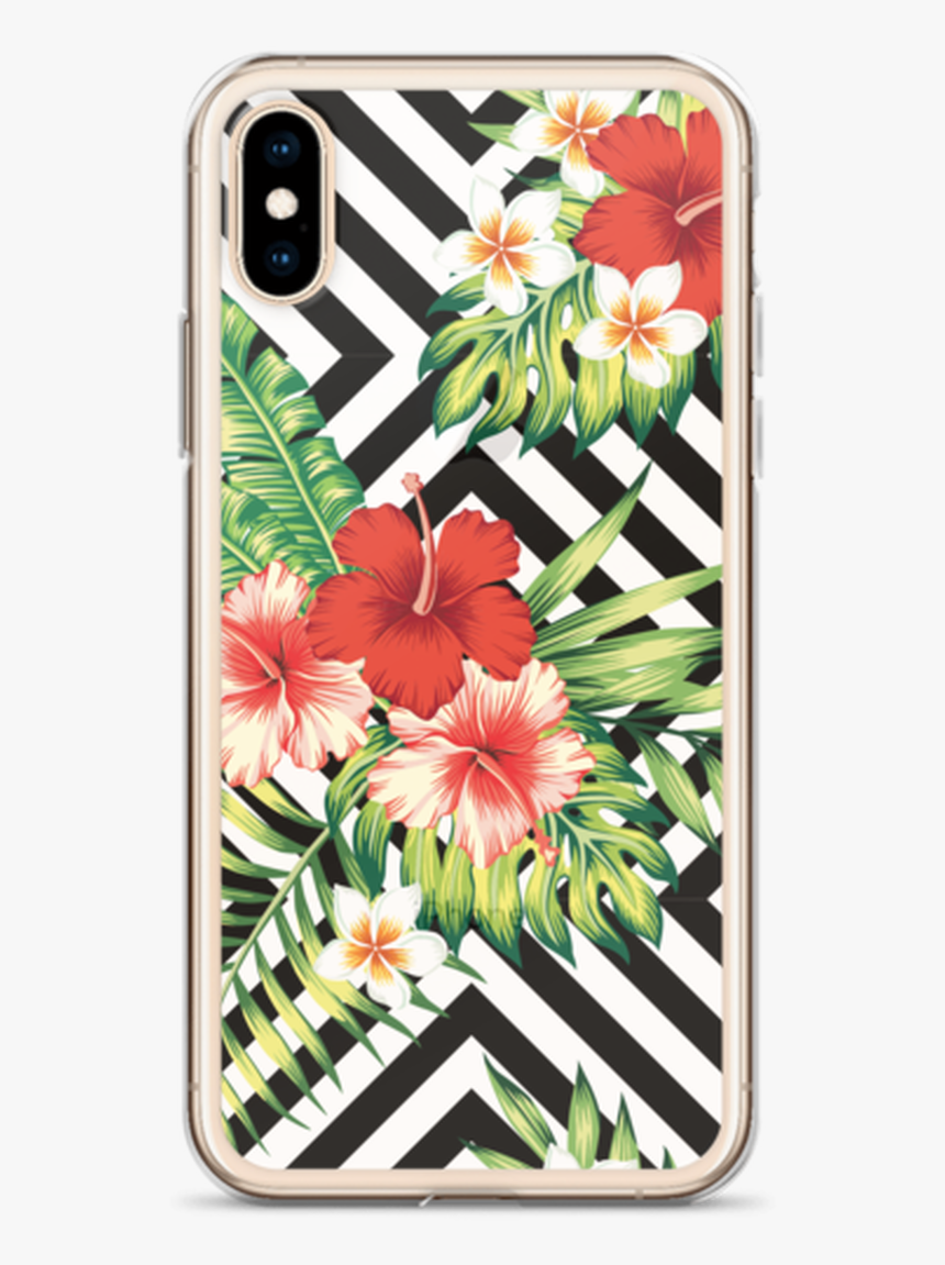 Pretty Hibiscus Flowers On Black Chevron Design Iphone - Tropical Red Pattern, HD Png Download