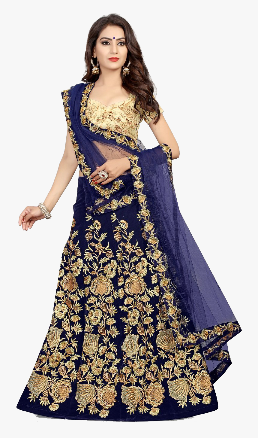 Velvet Lehenga Png Free Pic , Png Download - Navy Blue Dupatta Embroidered, Transparent Png