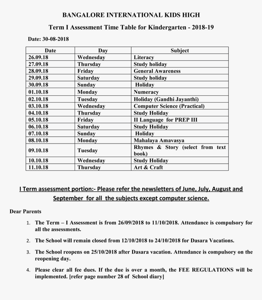 Term I Assessment Time Table Kindergarten 2018-19 - Release Passport April 2019, HD Png Download