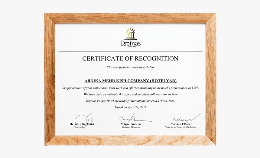 Certificate Of Recognition From Espinas Hotel Group - Certificate Of Travel Company, HD Png Download