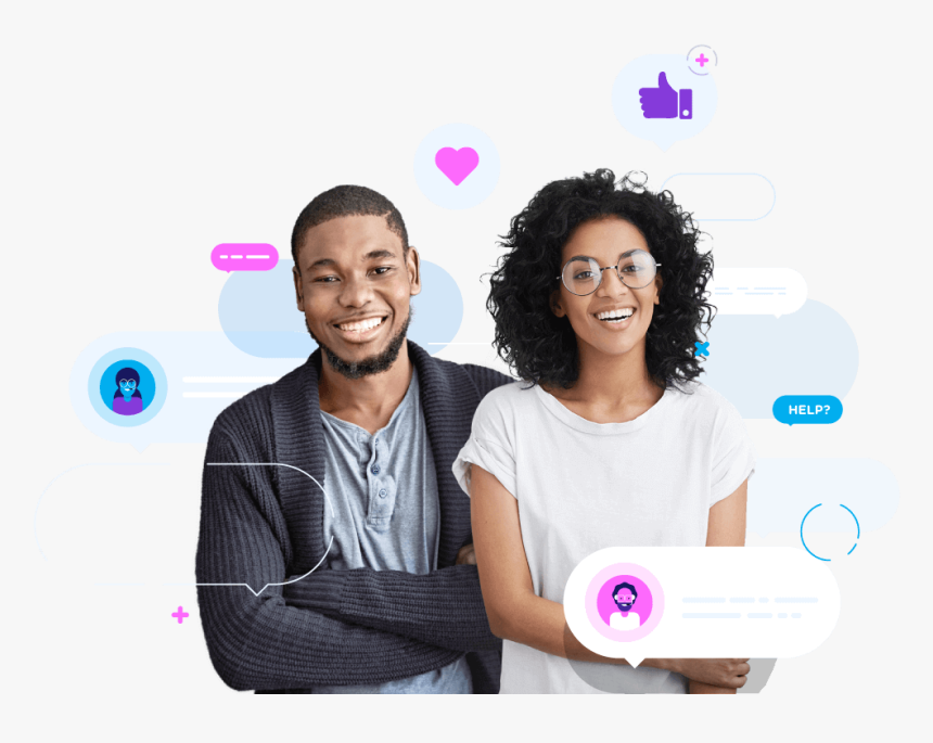Two Helpful And Happy People Surrounded By Chat Icons - Girl, HD Png Download