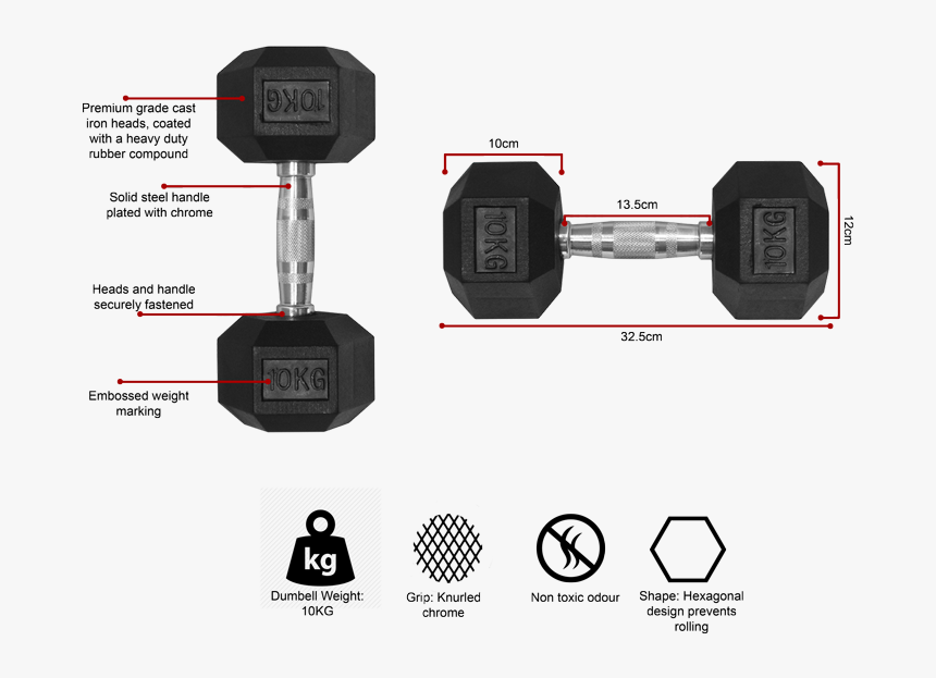 10kg Hex Rubber Coated Dumbbell - Dumbbell, HD Png Download