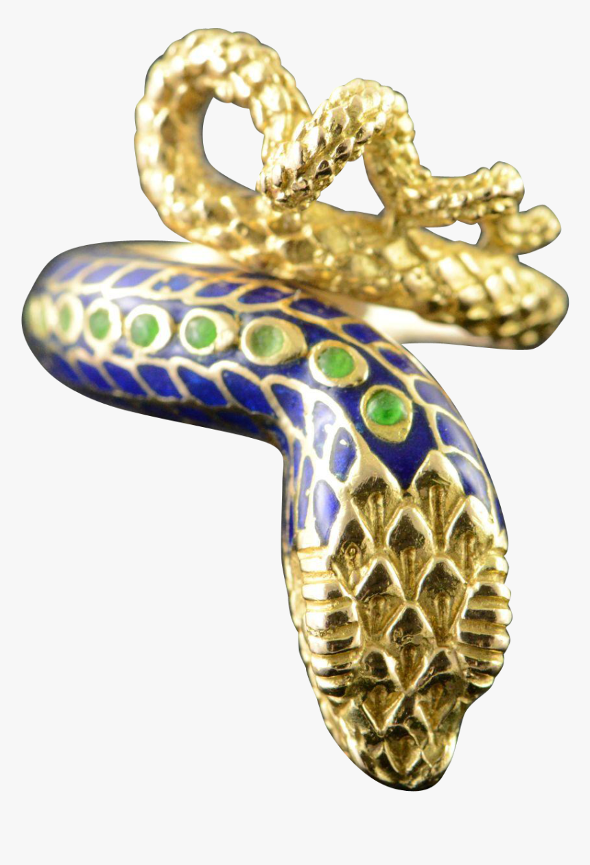 18k Detailed Green Blue Enamel Snake Head Wrapped Ring - Body Jewelry, HD Png Download