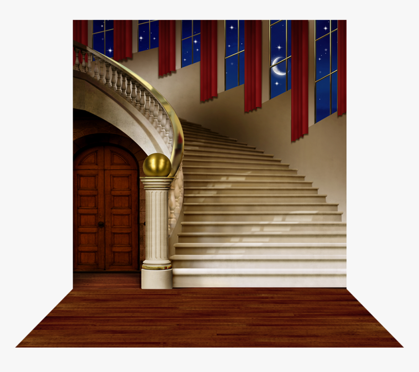 Curved Staircase With Red Curtains - Backdrop Staircase, HD Png Download