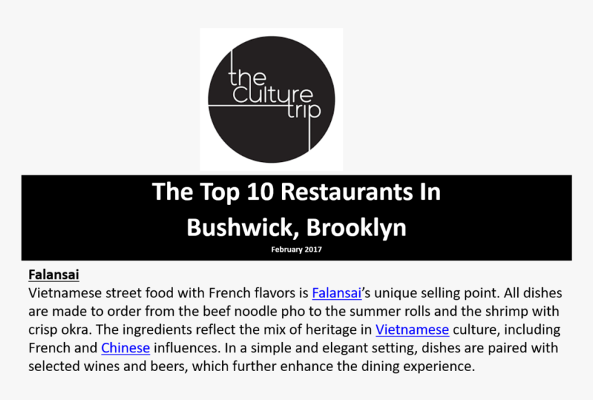 Culture Trip 10 Top Restaurants In Bushwick Brooklyn-falansai, HD Png Download