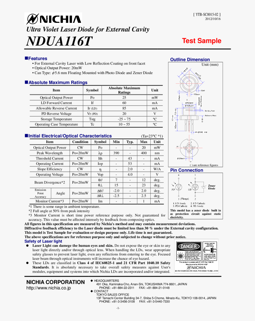 390nm 400nm 20mw To Can Low Reflectivity Coating Nichia - 370 Nm Laser Diode, HD Png Download